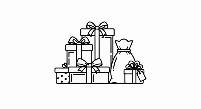 A pile of gift boxes and a sack, adorned with bows and ribbons