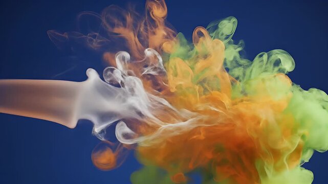 A vibrant and dynamic abstract image showcases swirling orange and green ink blooming in water against a deep blue background, creating a mesmerizing display of color and motion.