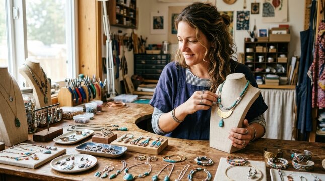 Woman crafting handmade jewelry in creative workshop studio