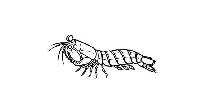 A black and white line drawing of a mantis shrimp from a side profile