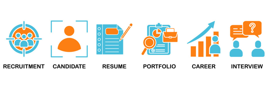 Recruitment icon set Aqua Orange Flat concept for headhunting, candidate, resume, portfolio, career, interview