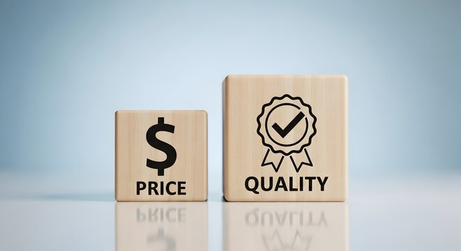 Wooden blocks spelling PRICE and QUALITY symbolizing the balance between cost and value