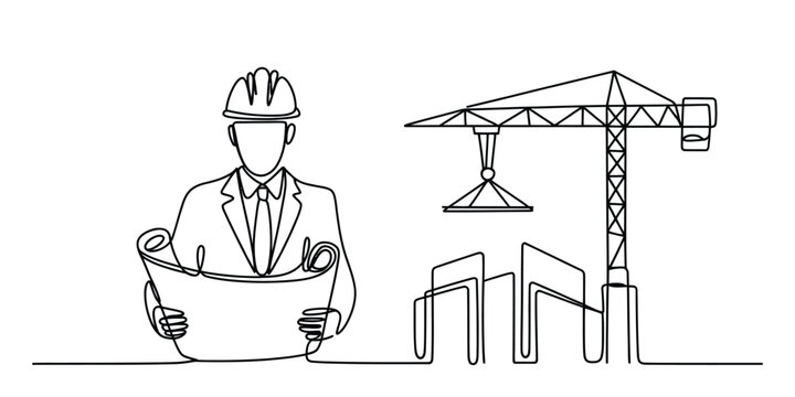 Continuous line drawing of a construction engineer with a helmet holding a blueprint plan standing next to a large building crane and city buildings Vector, illustration
