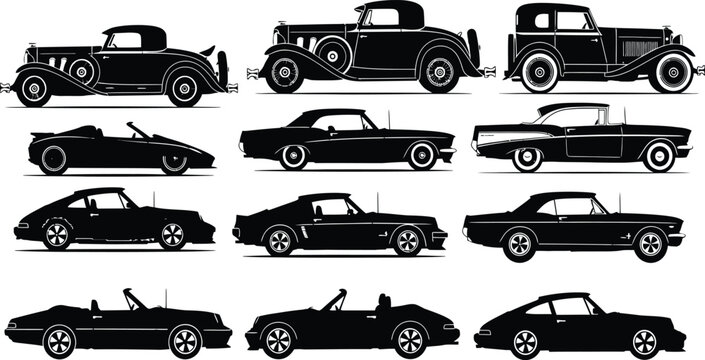 Collection of classic and modern sports car silhouettes featuring various vintage coupes and sleek automotive vehicle designs