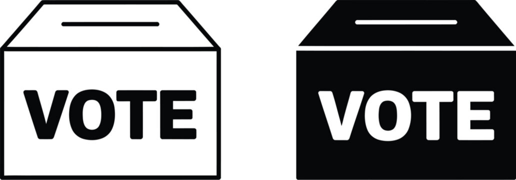 Ballot box vote icons set, black and white voting symbols with vote text representing election democracy polling and civic participation concept.