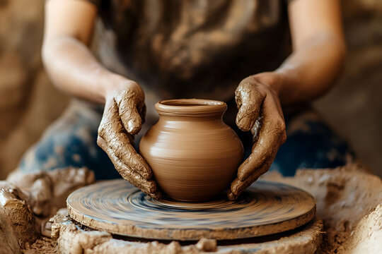 Potter hands crafting clay pot on spinning wheel