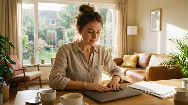 Woman sitting at a table in a bright house closing a laptop. Remote worker finishing task after completing work day. Concept of home office and lifestyle.