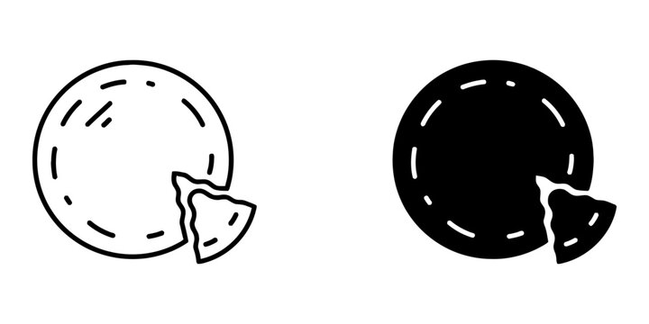 Flat round food item with slice taken out vector illustration set featuring solid black silhouette style and minimalist thin line art design for menu icons culinary graphics or snack concept imagery.