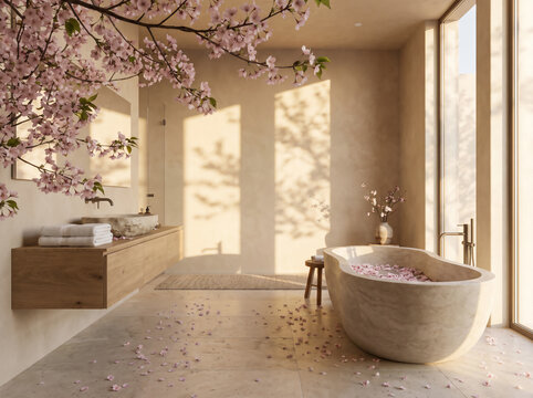 Cinematic side-view of an organic stone bathtub with arching cherry blossoms and vertical window shadows on beige walls.
