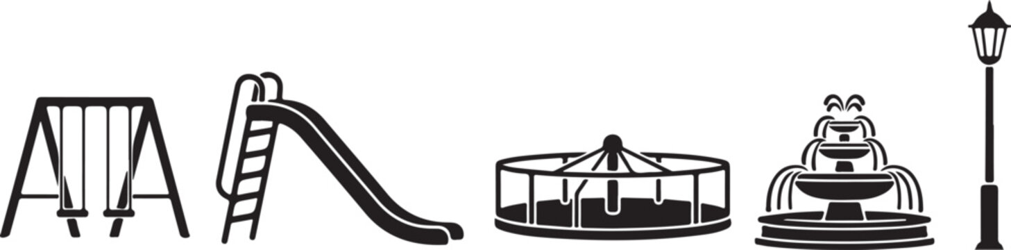Public park leisure equipment set featuring swing set playground slide carousel ride water fountain and classical lamp post.