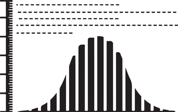Graphic illustration of normal distribution curve with vertical measurement scale and horizontal dotted lines on transparent background.