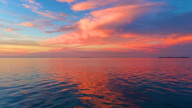 A beautiful sunset with colourful cloudscape and calm ocean in the Maldives islands as a background or texture