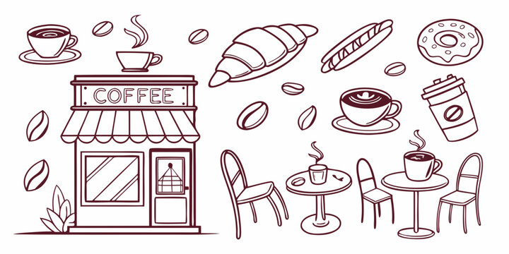 Coffee shop and cafe food items hand drawn line art with croissant beverage storefront breakfast illustration caffeine interior exterior monochrome graphics business shopfront espresso