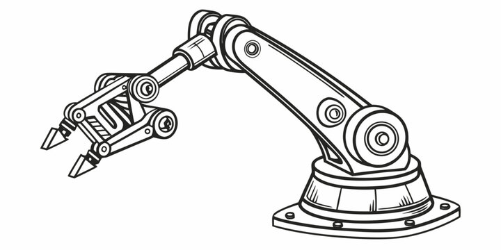 Industrial robotic arm black and white vector line art with industry automation mechanical manufacturing engineering technology industrial automated equipment production manipulator