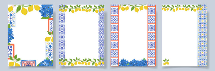 Mediterranean style frame set with Italian ceramic amalfi tiles, lemons and floral elements. Summer backgrounds with decorative borders and copy space for menu, branding, social media  © loli