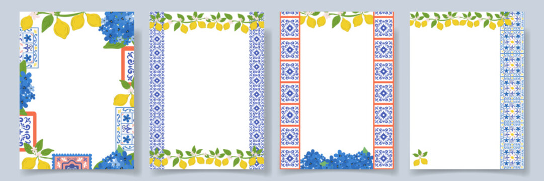 Mediterranean style frame set with Italian ceramic amalfi tiles, lemons and floral elements. Summer backgrounds with decorative borders and copy space for menu, branding, social media 