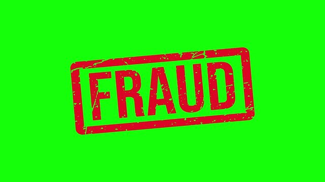 Red Fraud Stamp Animation with Grunge Distressed Texture on White and Green Screen Background