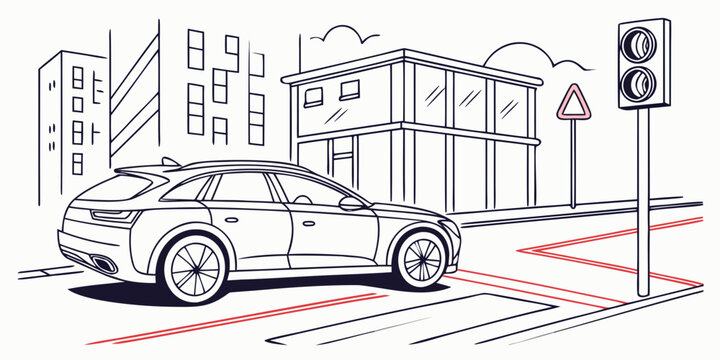Automated vehicle stopped at urban traffic light intersection with intersection transportation transport infrastructure illustration background cityscape mobility automotive environment