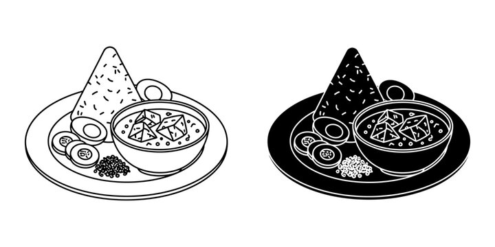 Indonesian nasi tumpeng with side dishes, fried chicken, sliced eggs, cucumber, vector illustration, traditional conical rice dish, black and white.