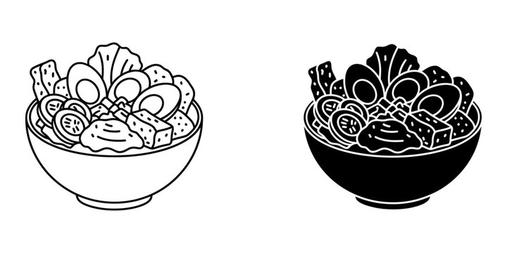 Gado gado salad bowl icon set showing traditional indonesian vegetable salad with egg tofu and peanut sauce as outline and solid black vector illustration for menu design or restaurant food signage.