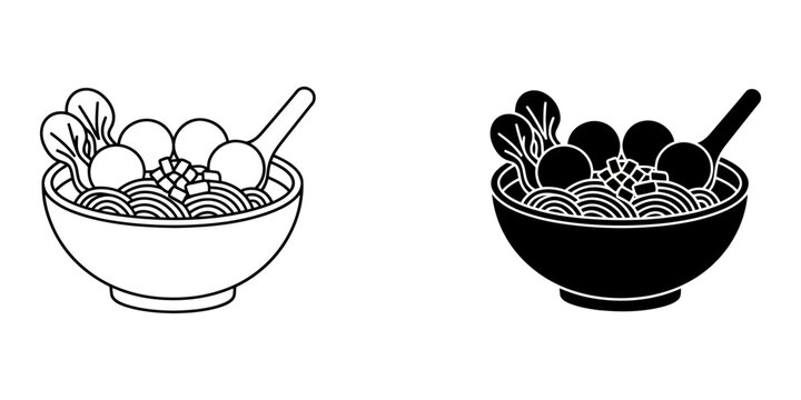 Bakso noodle soup bowl icon set featuring meatball soup with greens and spoon in round dish as outline and solid black flat vector graphics for restaurant menu designs or simple food illustration.