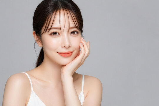 やわらかな光の中で頬に手を添えて微笑む若い女性のビューティーポートレート。透明感のある素肌と清潔感あふれる白いキャミソール、グレーの無地背景と広いコピースペースが印象的な、スキンケア・化粧品・美容広告向けの上品で洗練された人物素材