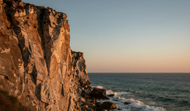 Rocky sea cliffs bathed in warm light at sunset coast