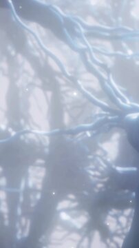 Fog covers a forest in the early morning. Trees and branches appear hazy and blurred. Light filters through, creating a soft, diffused scene. Nature is quiet with a sense of stillness.