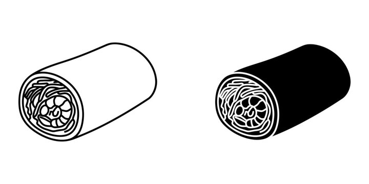 Shrimp spring roll or burrito wrap icon set featuring outline and silhouette versions for asian snack food stall branding or menu design element isolated on white background professional vector art.