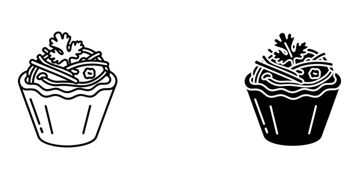 Asian noodle salad tartlet with cilantro garnish icon set including outline and silhouette versions for gourmet catering menu or appetizer design element isolated on white background vector graphic.