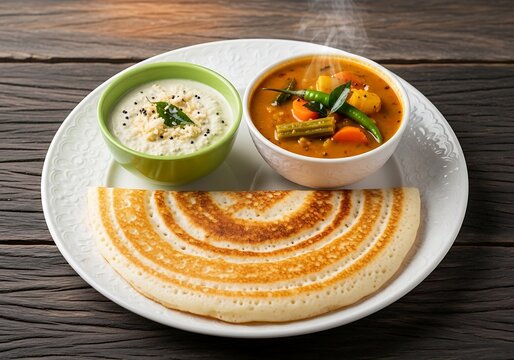 South Indian cuisine, dosa with sambar and chutney on a plate