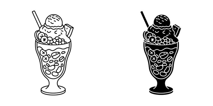 Halo halo dessert glass icon set in outline and solid style representing traditional philippine shaved ice sundae with beans fruit and ice cream for summer refreshment and cafe menu decoration.