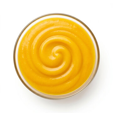 aamras mango pulp with smooth spiral swirl in glass bowl isolated on white background representing premium indian dessert and food packaging concept