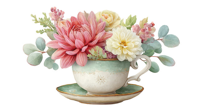 Beautiful vintage teacup with assorted colorful flowers arranged elegantly for a charming floral display