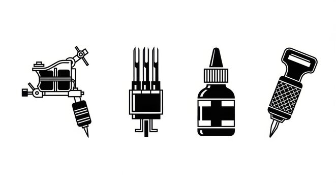 Collection of tattoo machine, needles, ink bottle, and grip for tattoo art and body modification designs