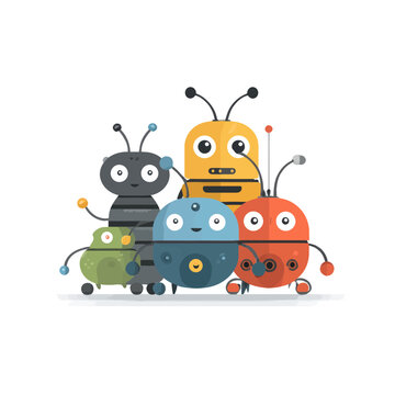Cute Cartoon Robots Group Illustration