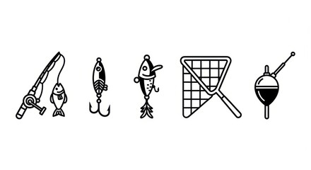 Black and white line art icons of essential fishing equipment rod, lures, landing net, and bobber. Perfect for outdoor hobby and angling designs © YENI