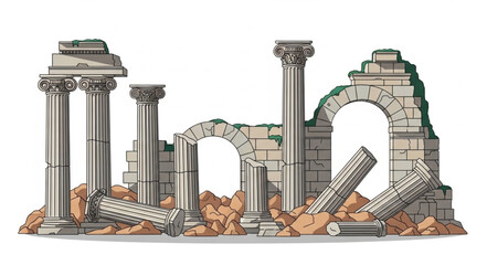 Ancient Roman ruins with broken columns and arches. © Pae