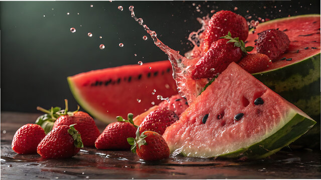 Fresh ripe strawberries and juicy watermelon slices splashing with water and refreshing droplets in vibrant natural light over dark background with copy space