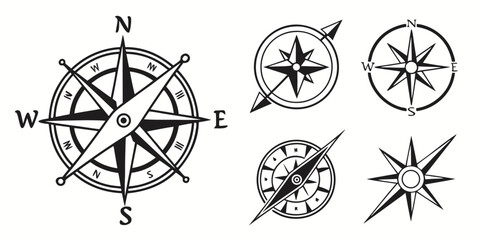Set of various navigation compass icons and directional wind roses with navigation direction cartography nautical geography orientation wayfinding illustration adventure maritime location © Mamun