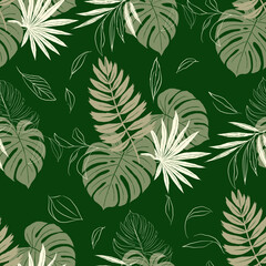 Fototapeta premium Tropical leaf seamless pattern botanical jungle foliage monstera palm exotic green nature background summer wallpaper fabric textile surface design.