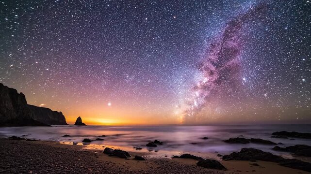 Breathtaking view of the milky way galaxy over a rocky beach at night with vibrant purple stars.