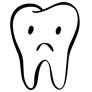 Sad Tooth Cartoon Icon &ndash; Cute Dental Character with Unhappy Face Line Art