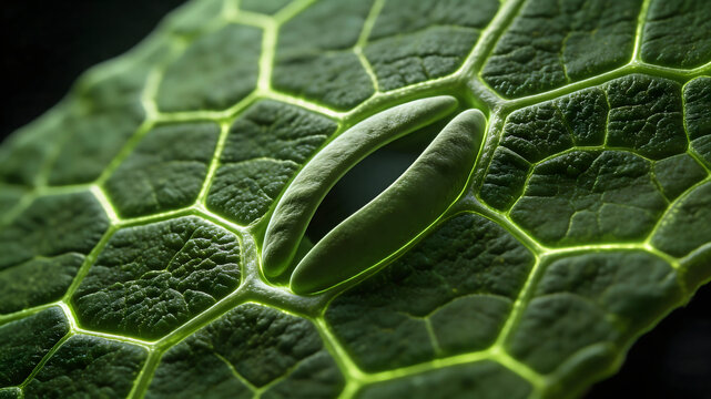 Stunning scanning electron microscope-style macro visualization of plant stomata, showing perfectly detailed guard cells surrounding the stomatal pore and intricate epidermal cell texture