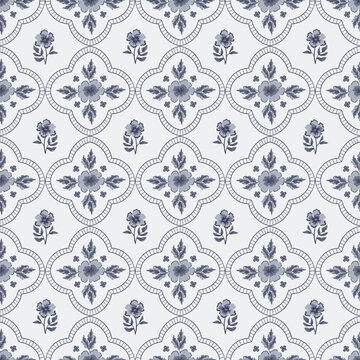 blue preppy Floral whimsy cottagecore  seamless pattern. flower ceramic tile background, fabric wrap