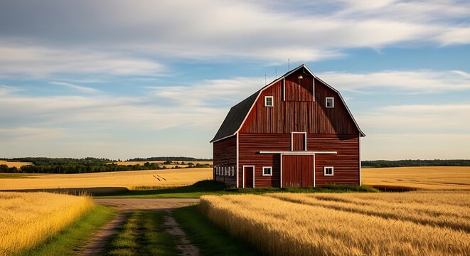 Rustic red barn in golden field a pastoral scene of rural americana and agricultural heritage