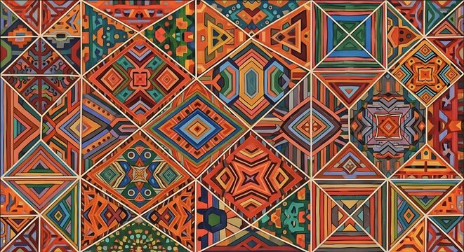 Vibrant Geometric Patterns A Detailed Close-Up of Colorful Textile Art with Intricate Designs and Textures