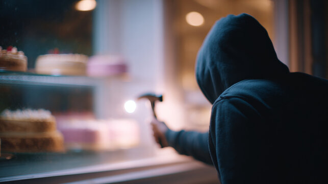 Hooded person breaking bakery window