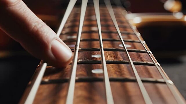 A close-up shot showcases the detailed fretboard of a bass guitar, highlighting the strings and inlaid markers against a warm, wooden backdrop.