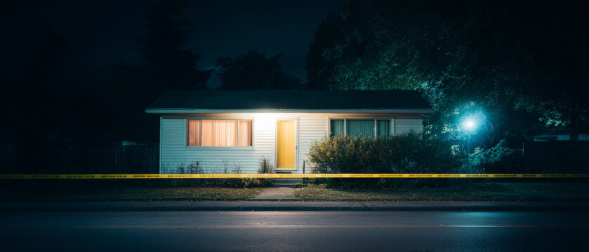 Crime scene house at night with caution tape